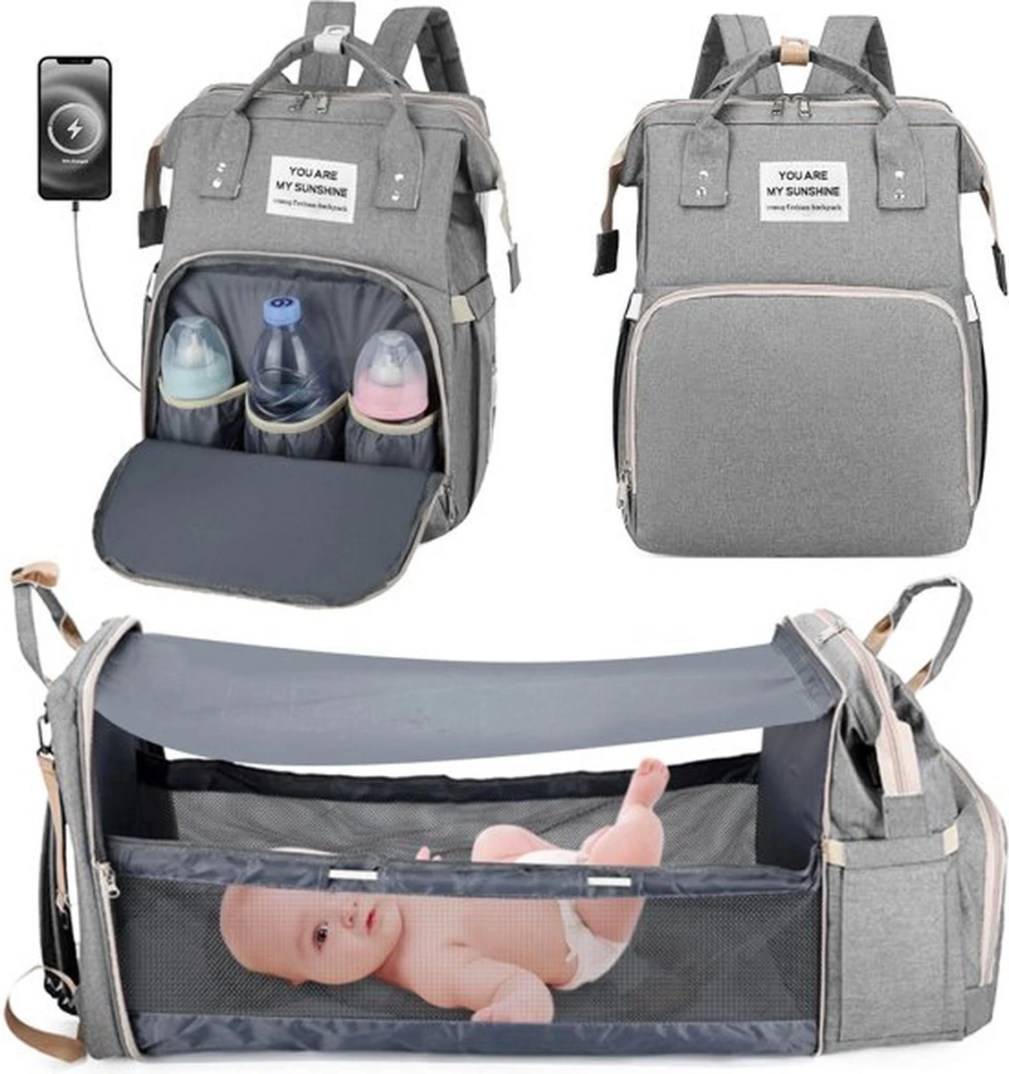 Faseras Multifunctionele Luiertas - Incl. Babybed & Verschoningsmatje - Isolatie - Met USB - 3-in-1 Verzorgingstas - Grijs 1 Faseras Multifunctionele Luiertas - Incl. Babybed & Verschoningsmatje - Isolatie - Met USB - 3-in-1 Verzorgingstas - Grijs