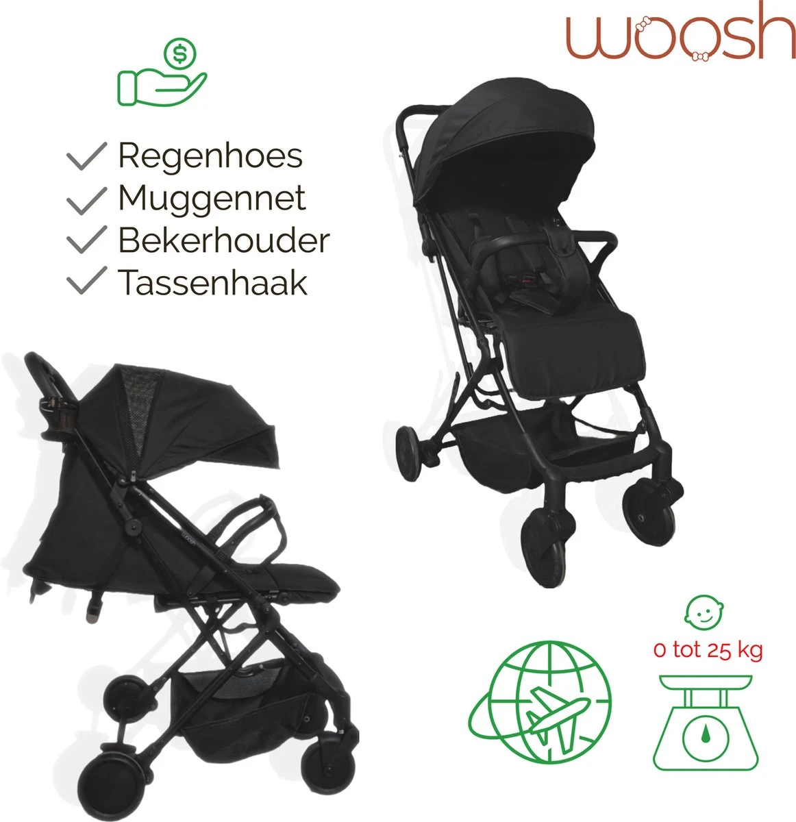 WOOSH New Buggy - Zwart - One Hand Folding - 3 Slaapstanden - Wandelwagen Tot 25 Kg - Regenhoes - Bekerhouder - Muggennet 1 WOOSH New Buggy - Zwart - One Hand Folding - 3 Slaapstanden - Wandelwagen Tot 25 Kg - Regenhoes - Bekerhouder - Muggennet
