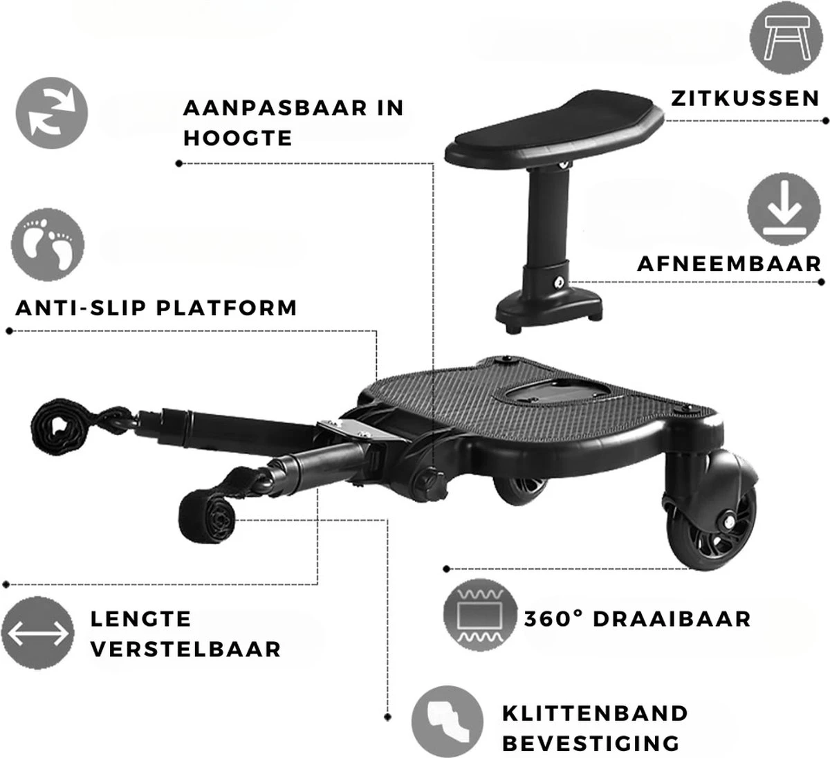 Merkloos Kinderwagen/Buggy Meerijdplankje - Kant & Klaar - In Elkaar Gezet - Universeel – Met Zitje – Verstelbaar – Zwart 3 Merkloos Kinderwagen/Buggy Meerijdplankje - Kant & Klaar - In Elkaar Gezet - Universeel – Met Zitje – Verstelbaar – Zwart - Afbeelding 3