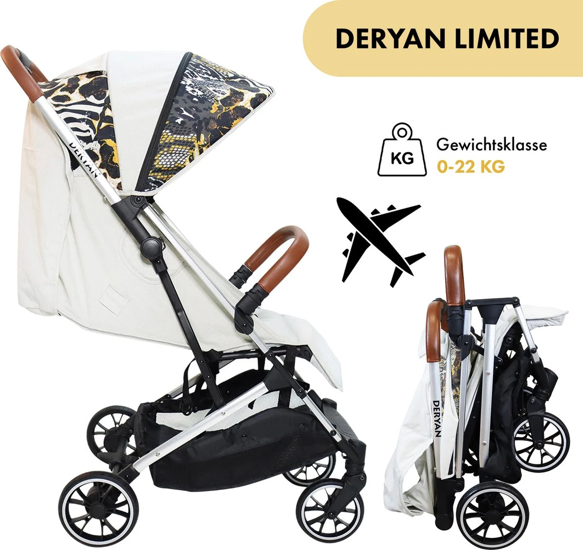 Deryan Luxe Rolo Luxe Lichtgewicht Buggy - Zoo Creme 3 Deryan Luxe Rolo Luxe Lichtgewicht Buggy - Zoo Creme - Afbeelding 3