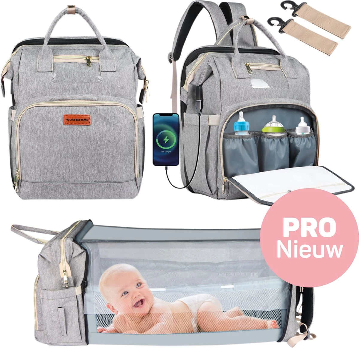 Vulpes BabyCare® Luiertas Rugzak - Luiertassen Met Babybed - Grote Luiertas Met Wieg- Luiertas Verzorgingstas Met Babybedje - Verzorgingsrugzak - Grijs 1 Vulpes BabyCare® Luiertas Rugzak - Luiertassen Met Babybed - Grote Luiertas Met Wieg- Luiertas Verzorgingstas Met Babybedje - Verzorgingsrugzak - Grijs