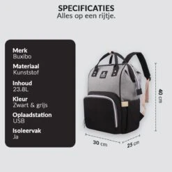 Buxibo Luier- En Verzorgingstas Inclusief USB Oplaadstation - Baby Rug Tas Met Isoleervak - Diaper Backpack Bag - Reis Rugzak - Grote Capaciteit - 23.8L - Zwart -Baby Kinderwagen Serie Winkel 1200x1200 142