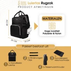 NanaBeebi Luiertas Rugzak Met Verschoonmatje - Zwart - Inclusief Flessenwarmhouder - Kinderwagenhaken En Isoleervak -Baby Kinderwagen Serie Winkel 1200x1200 175