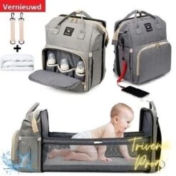 Luier- En Verzorgingstas - Luiertassen - Baby Rug Tas Met Isoleervak - Incl Flessen Verwarmer - Luiertas - Unisex/Jongens/Meisjes - Grijs - Luier Tas - Verzorgingstas Baby - Uitschuifbaar Verschoon/ Slaap Bedje - Incl Matrasje Baby - USB Poort -Baby Kinderwagen Serie Winkel 1200x1200 390