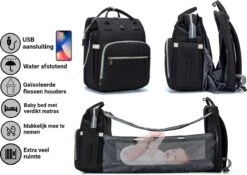 Luiertas - Multifuctioneel Luiertas 3 In 1 - Met Babybedje - Met Verschoningsmatje - Zwart - Met Usb - Met Verdikt Matras